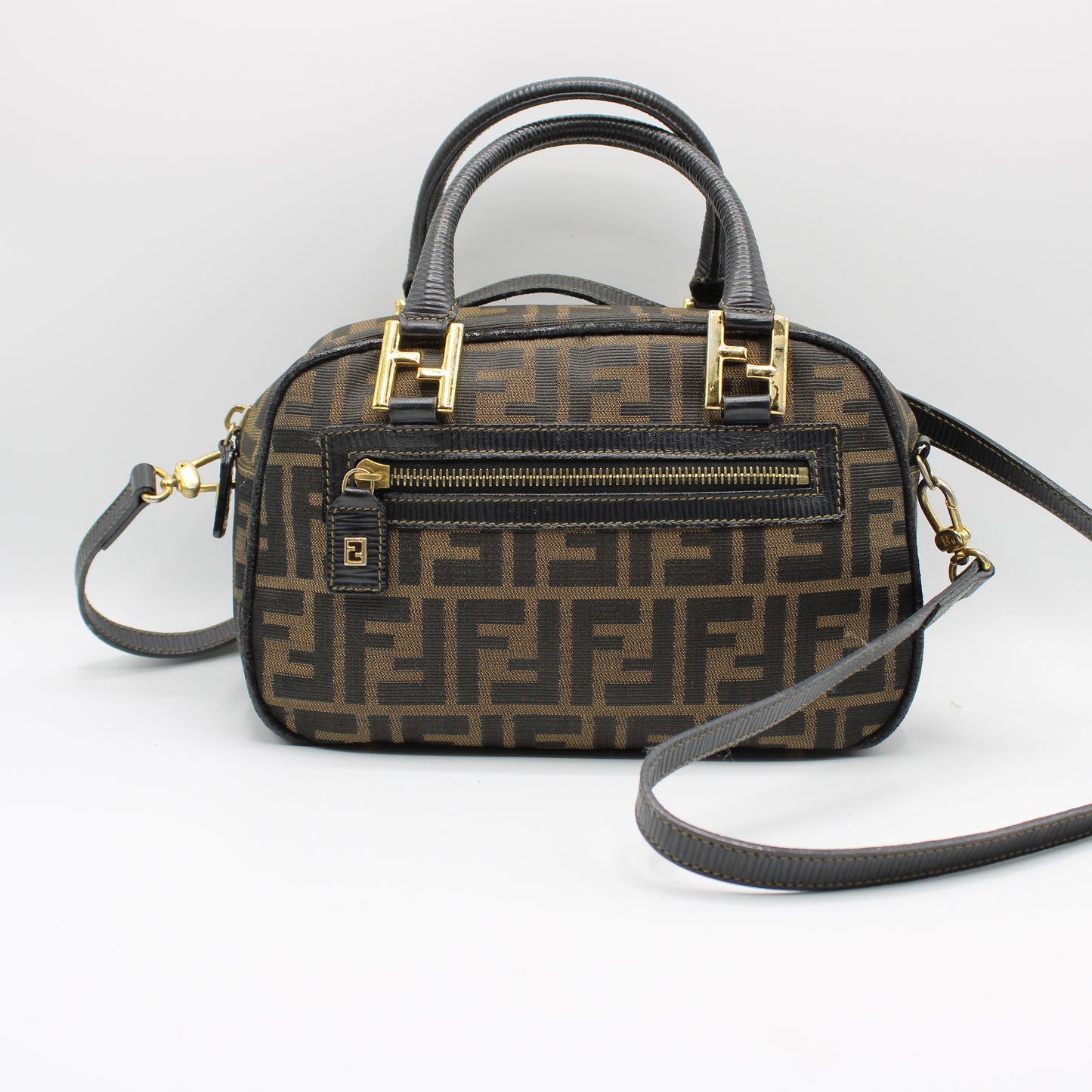 Fendi Zucca Canvas Leather Crossbody Strap Mini Boston Bag