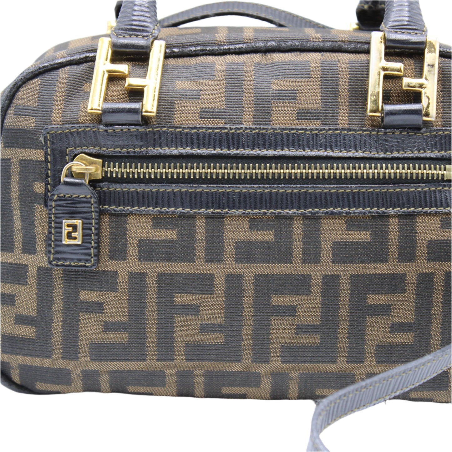 Fendi Zucca Canvas Leather Crossbody Strap Mini Boston Bag