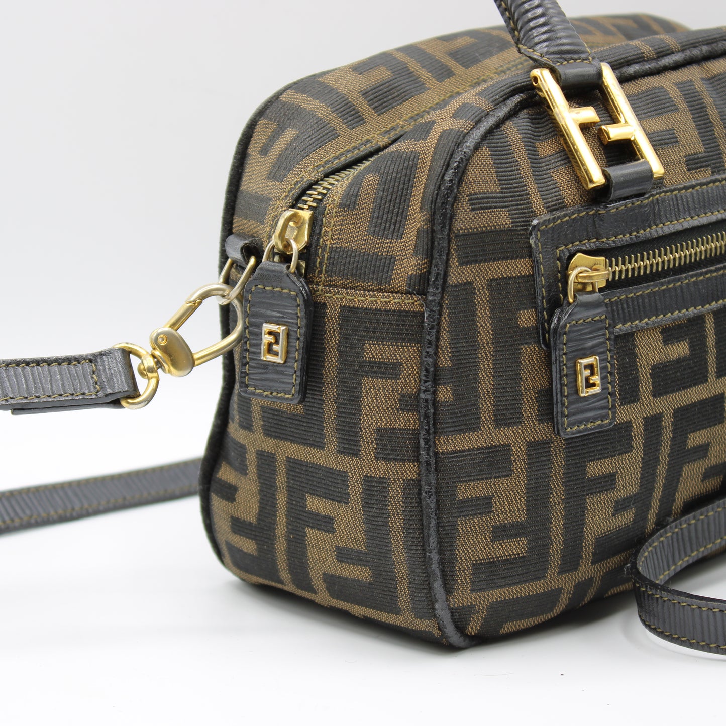 Fendi Zucca Canvas Leather Crossbody Strap Mini Boston Bag