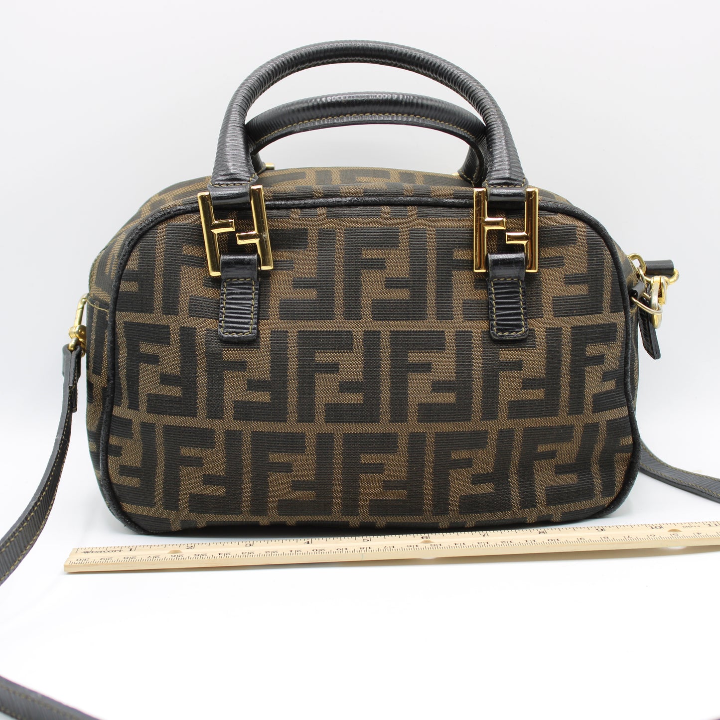 Fendi Zucca Canvas Leather Crossbody Strap Mini Boston Bag