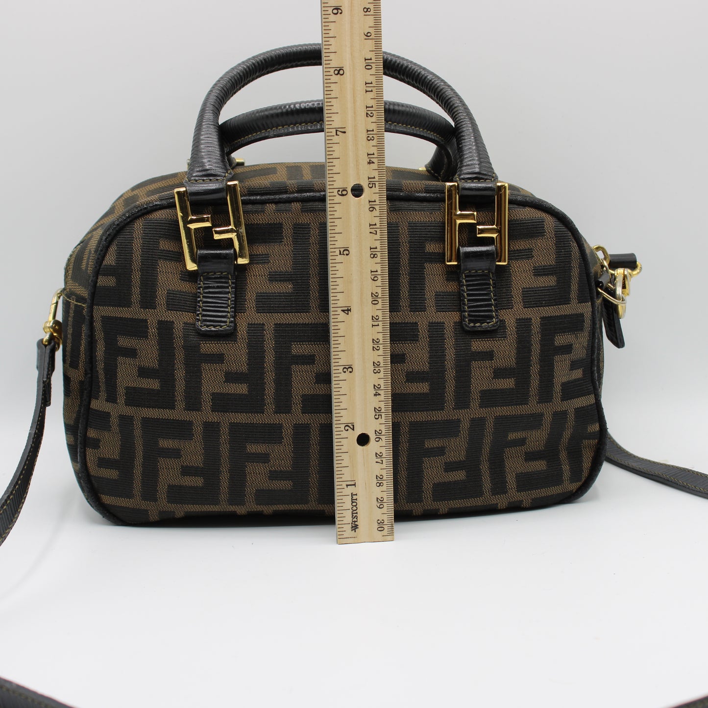 Fendi Zucca Canvas Leather Crossbody Strap Mini Boston Bag