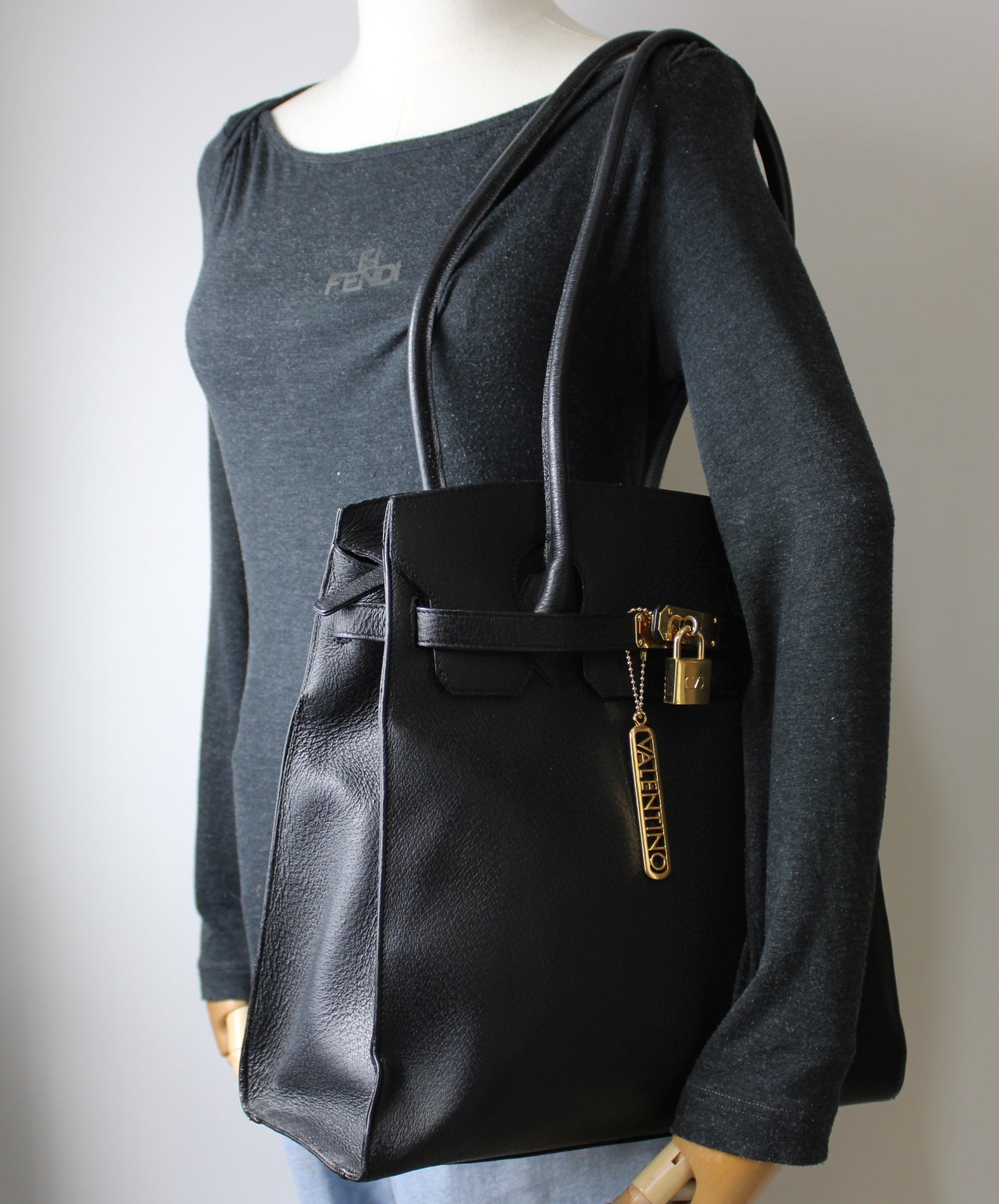 Valentino Garavani J Lock Black Leather Tote Bag