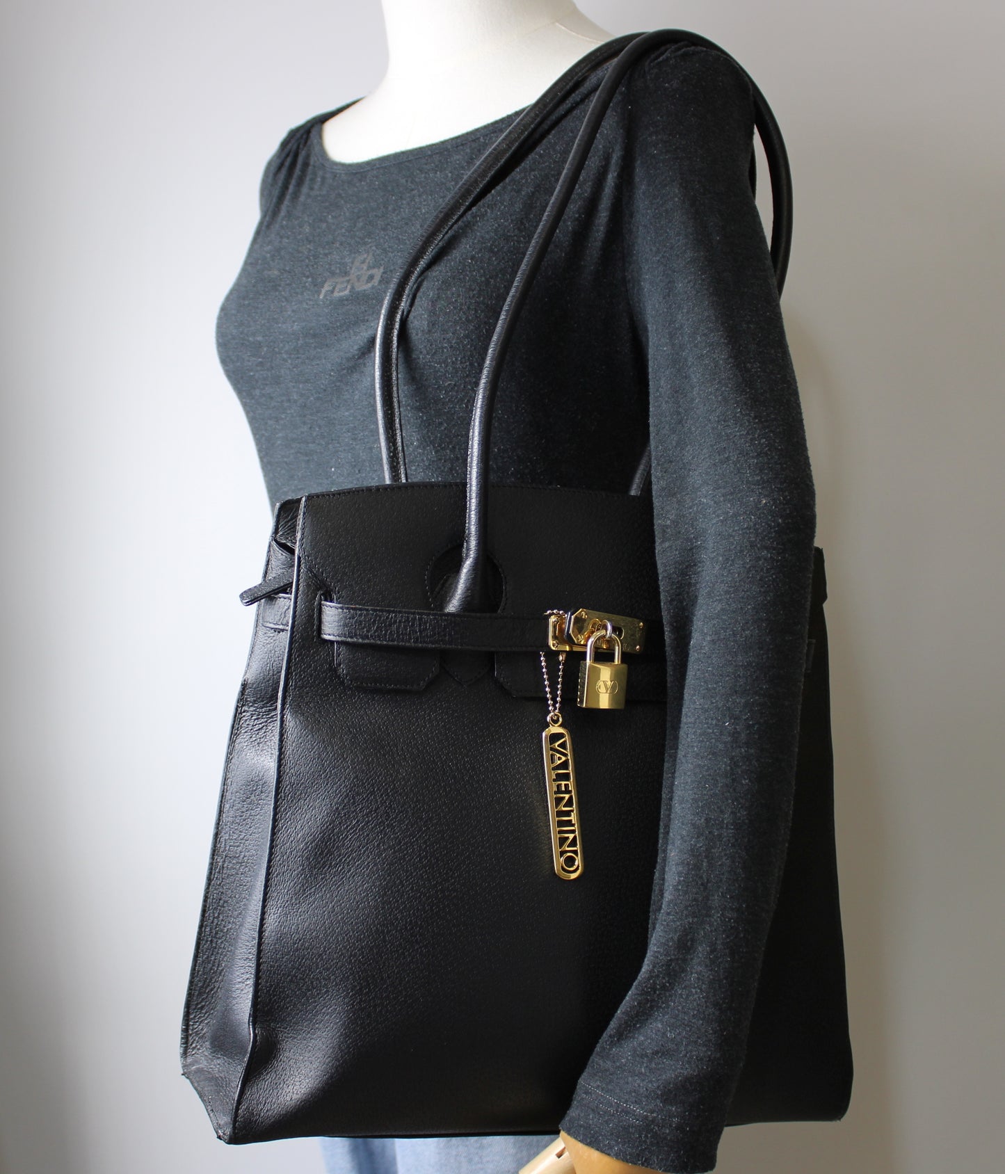 Valentino Garavani J Lock Black Leather Tote Bag