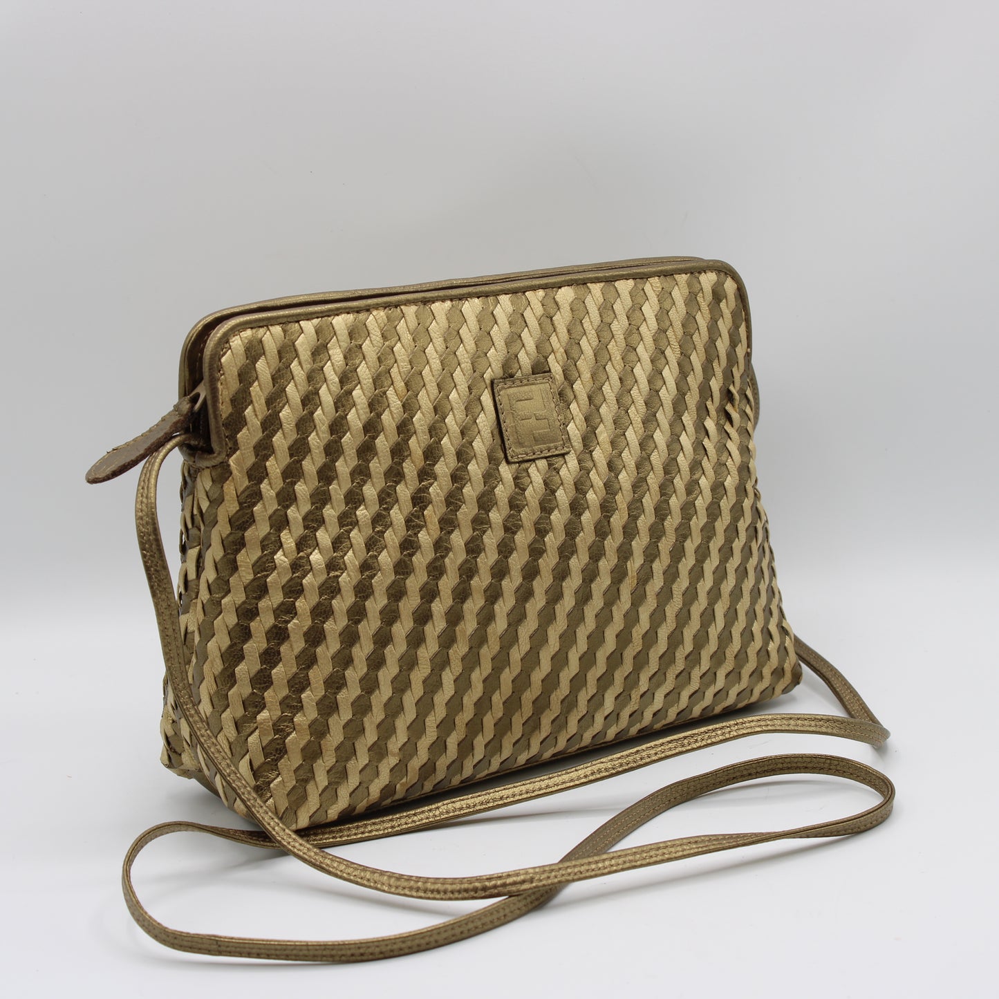 Fendi Brown Gold Woven Small Leather Crossbody Bag