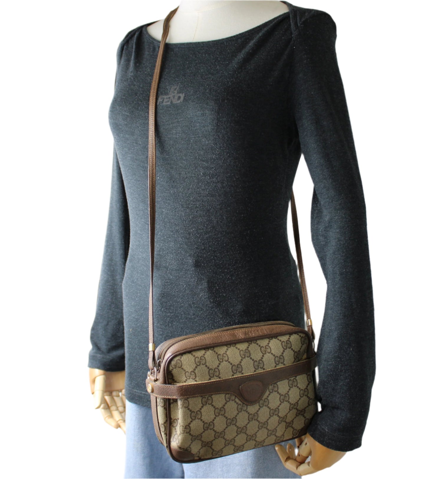 Gucci GG Canvas Brown Leather Crossbody Bag