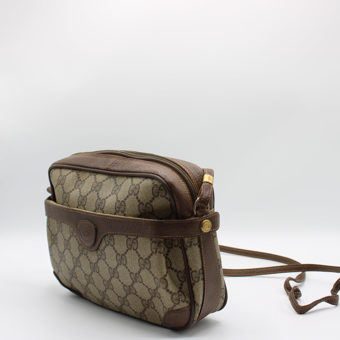 Gucci GG Canvas Brown Leather Crossbody Bag