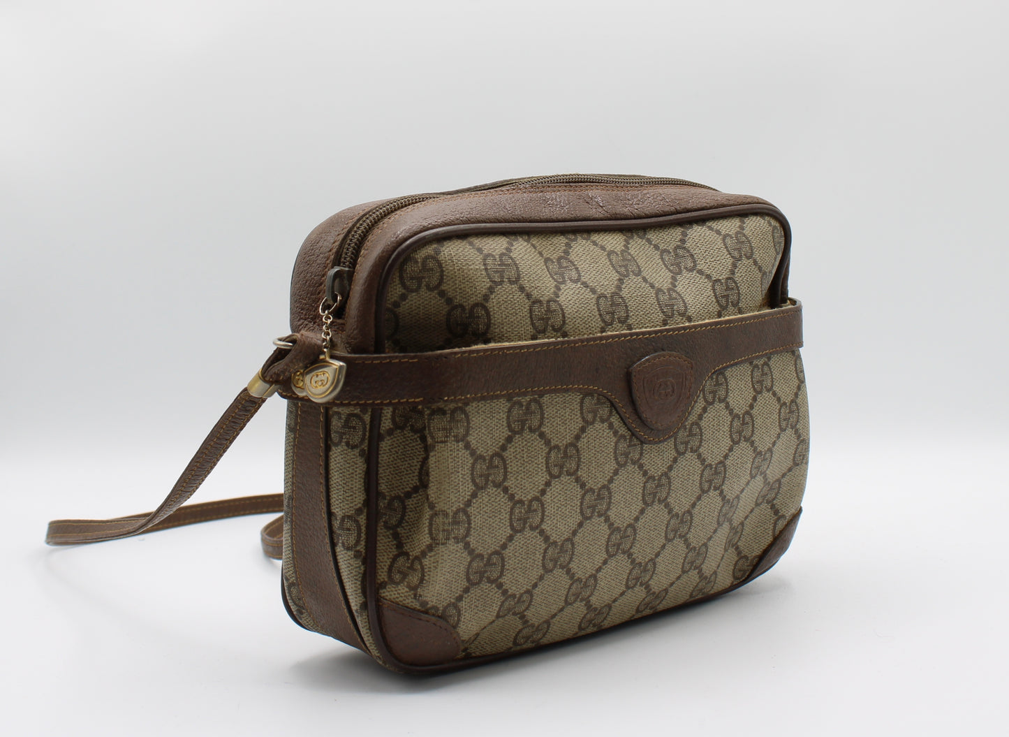 Gucci GG Canvas Brown Leather Crossbody Bag