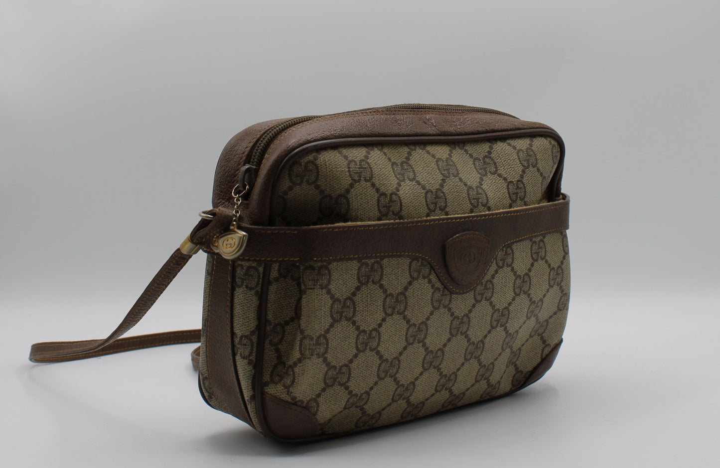Gucci GG Canvas Brown Leather Crossbody Bag
