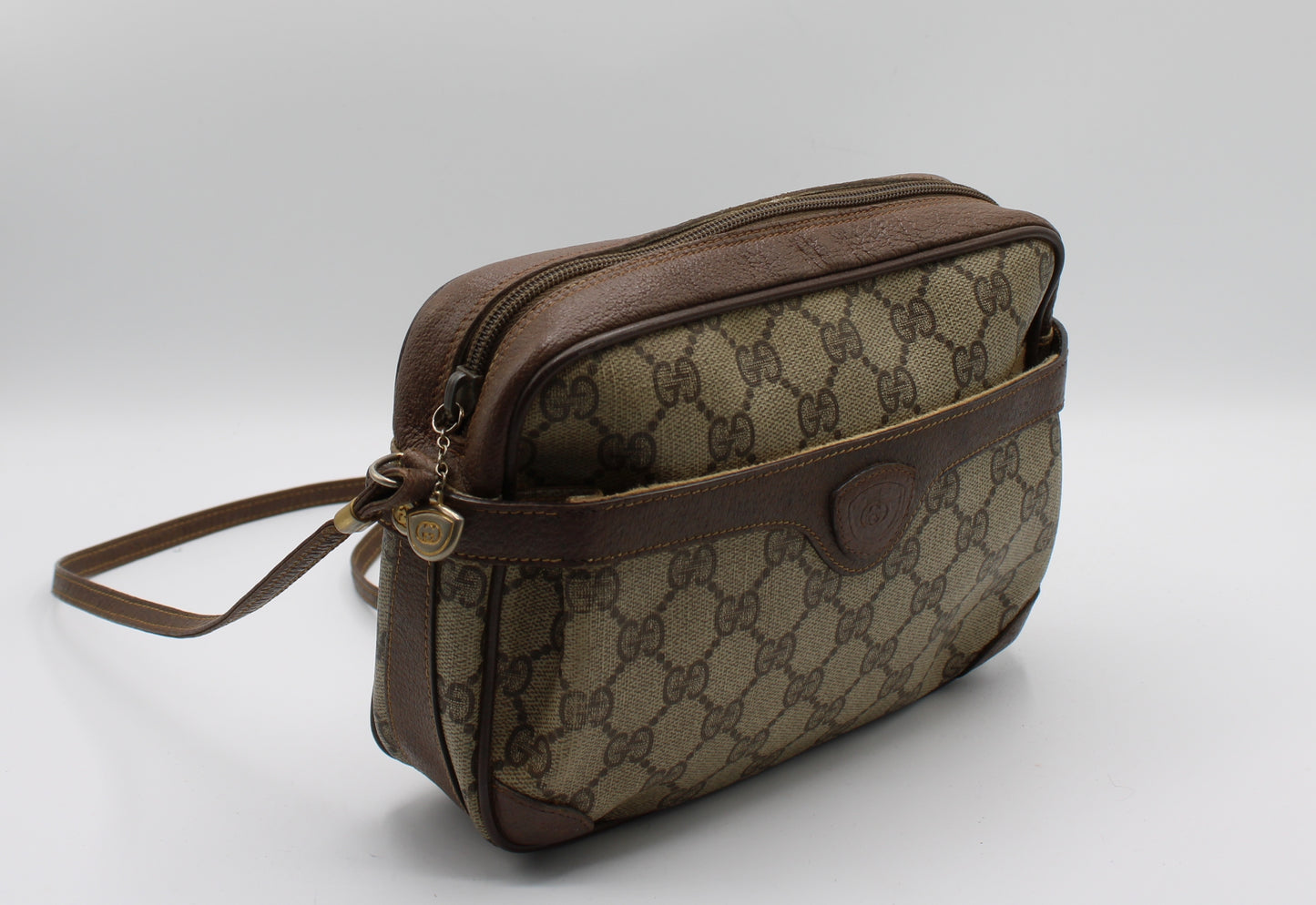 Gucci GG Canvas Brown Leather Crossbody Bag