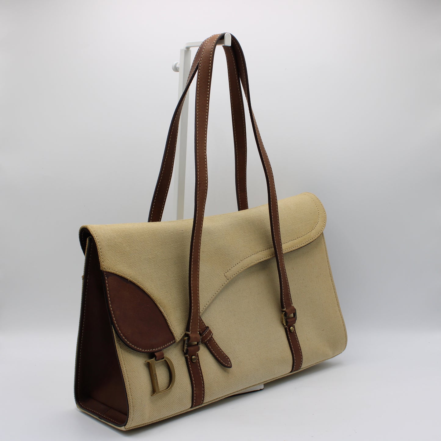 Christian Dior Beige Canvas Brown Leather Saddle Tote Bag