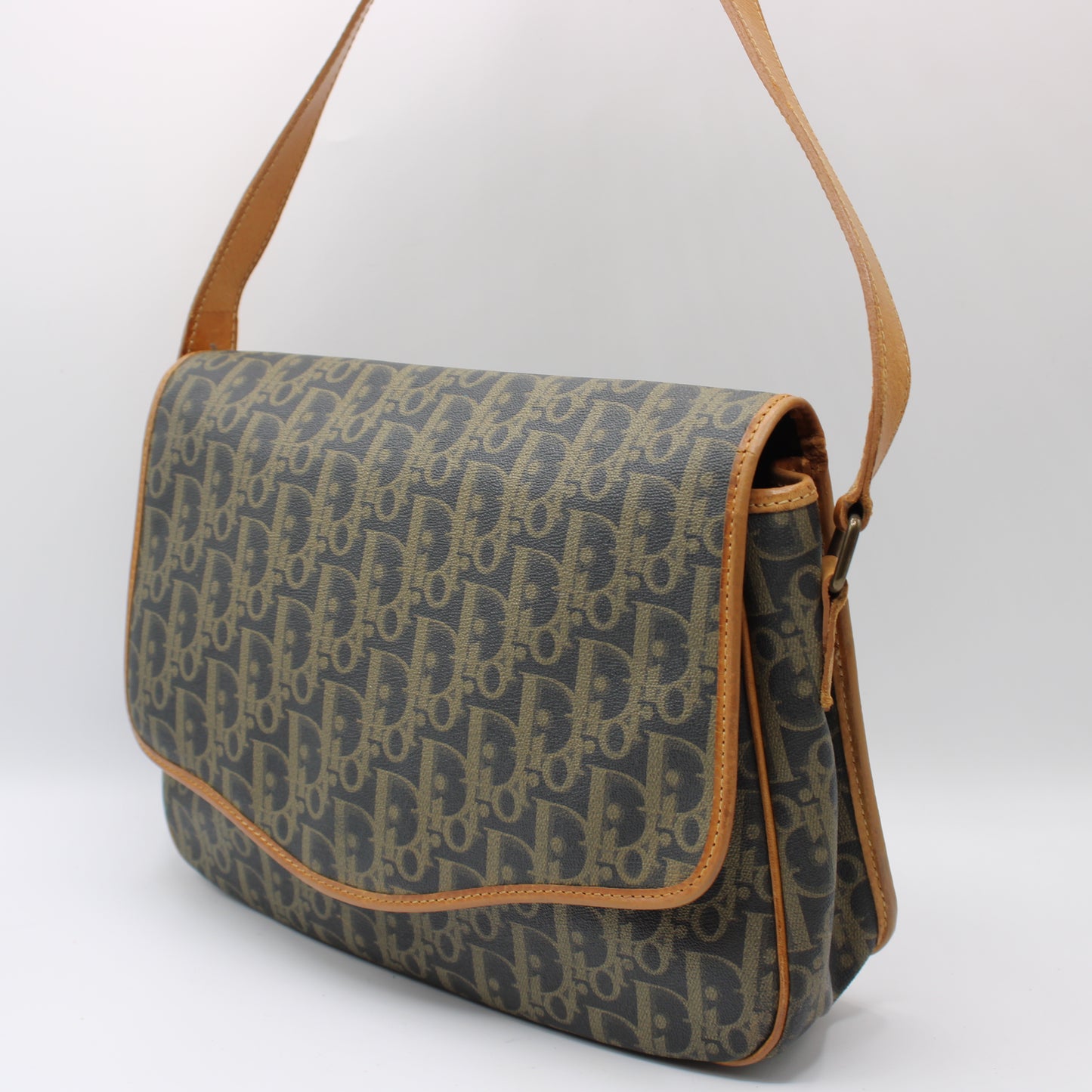 Christian Dior Brown Oblique Leather Canvas Flap Messenger Bag