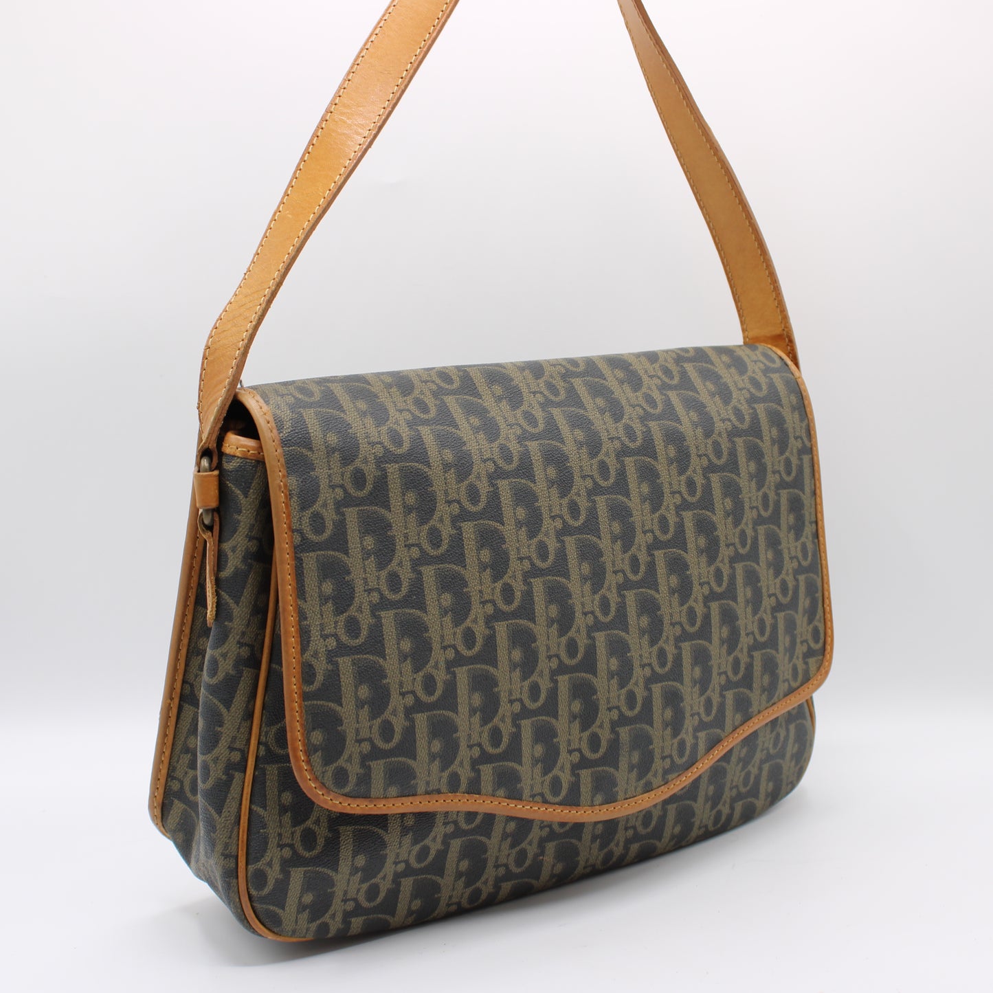 Christian Dior Brown Oblique Leather Canvas Flap Messenger Bag