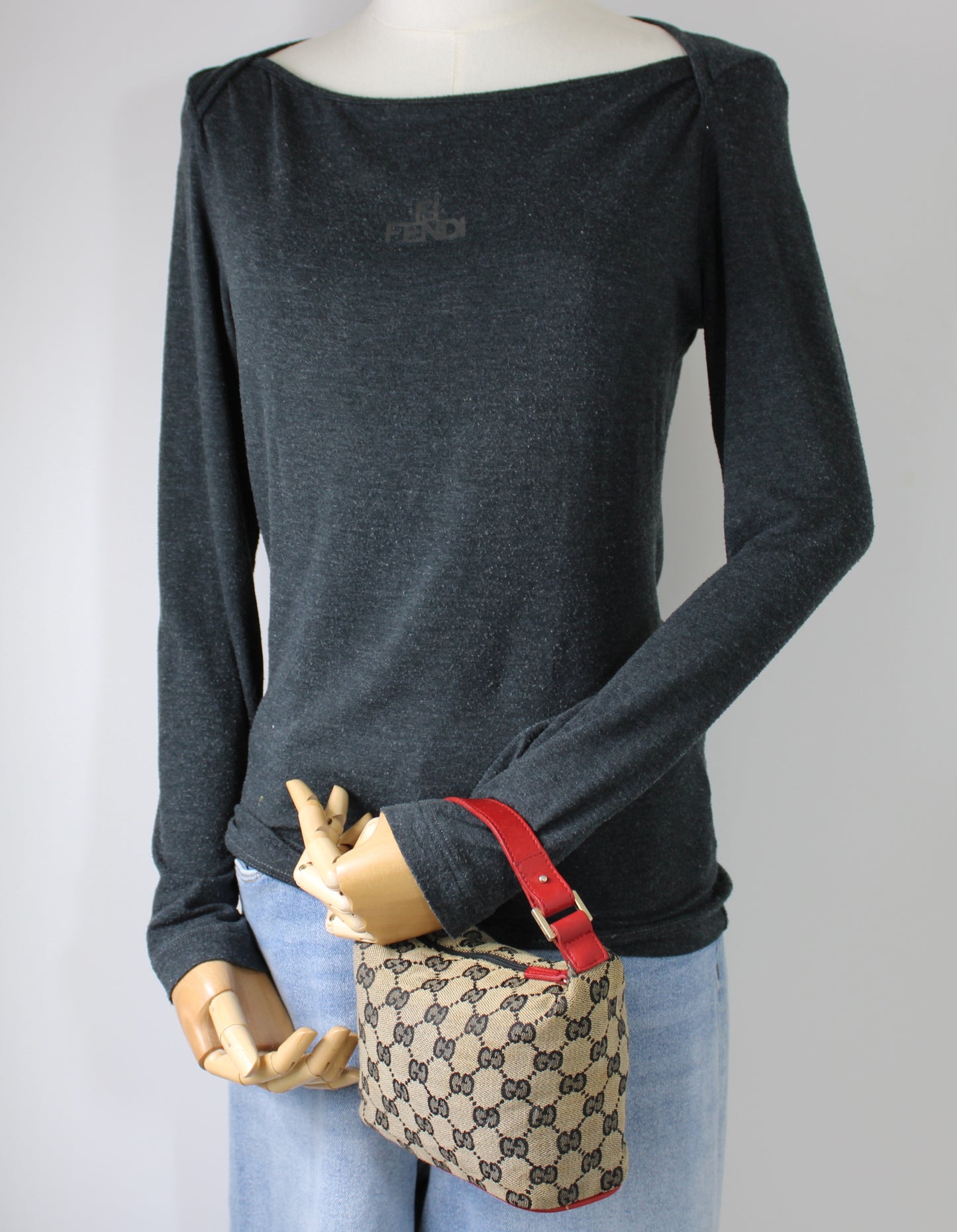 Gucci Beige GG Monogram Canvas Mini Pouch Red Leather Handle