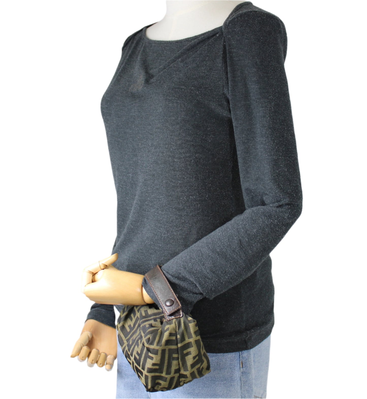 Fendi Brown Zucca Canvas Leather Strap Wristlet Pouch Bag