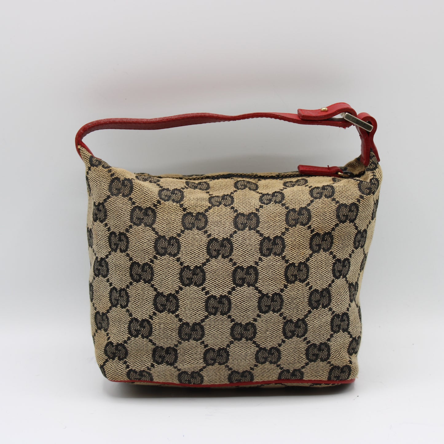 Gucci Beige GG Monogram Canvas Mini Pouch Red Leather Handle