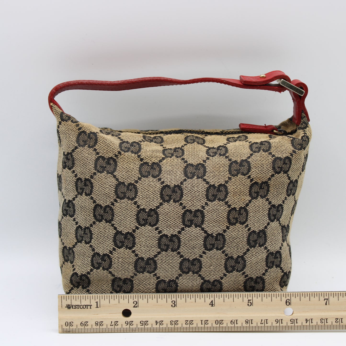 Gucci Beige GG Monogram Canvas Mini Pouch Red Leather Handle