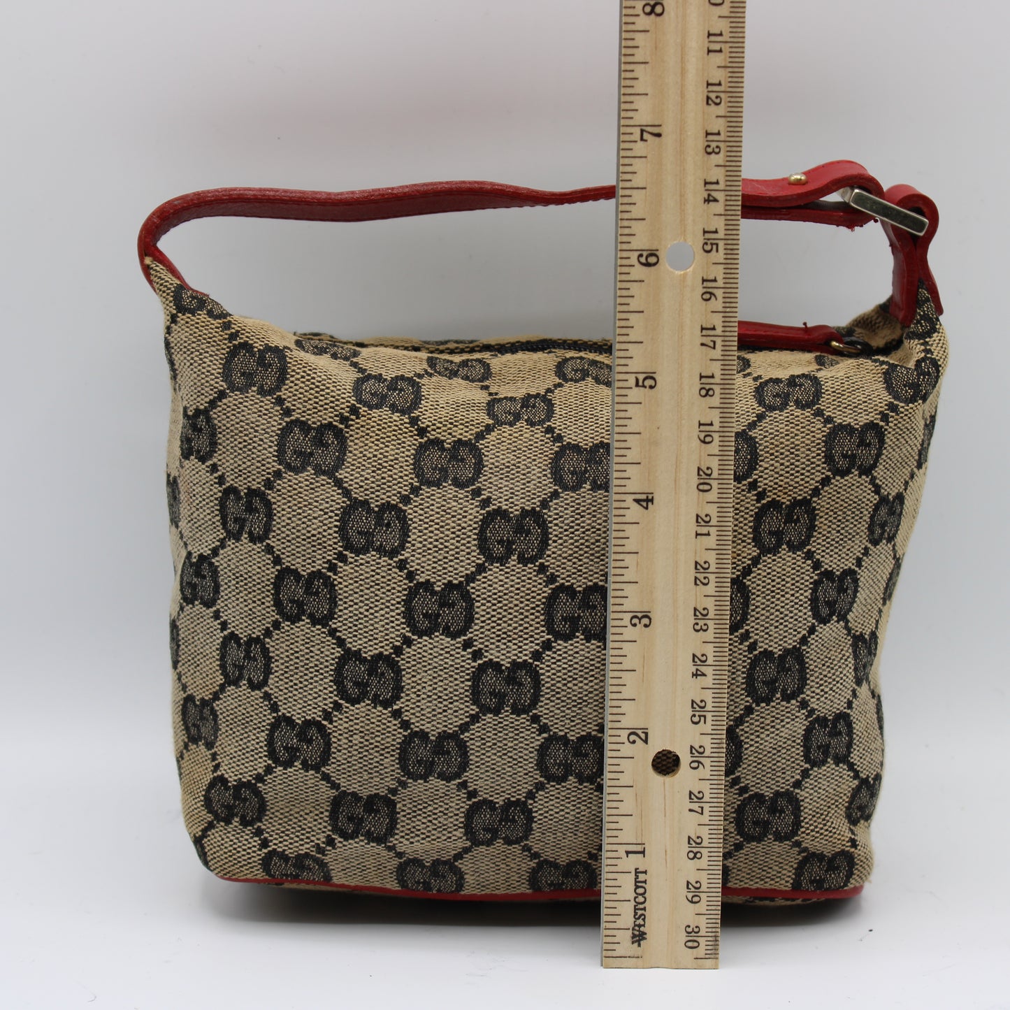 Gucci Beige GG Monogram Canvas Mini Pouch Red Leather Handle