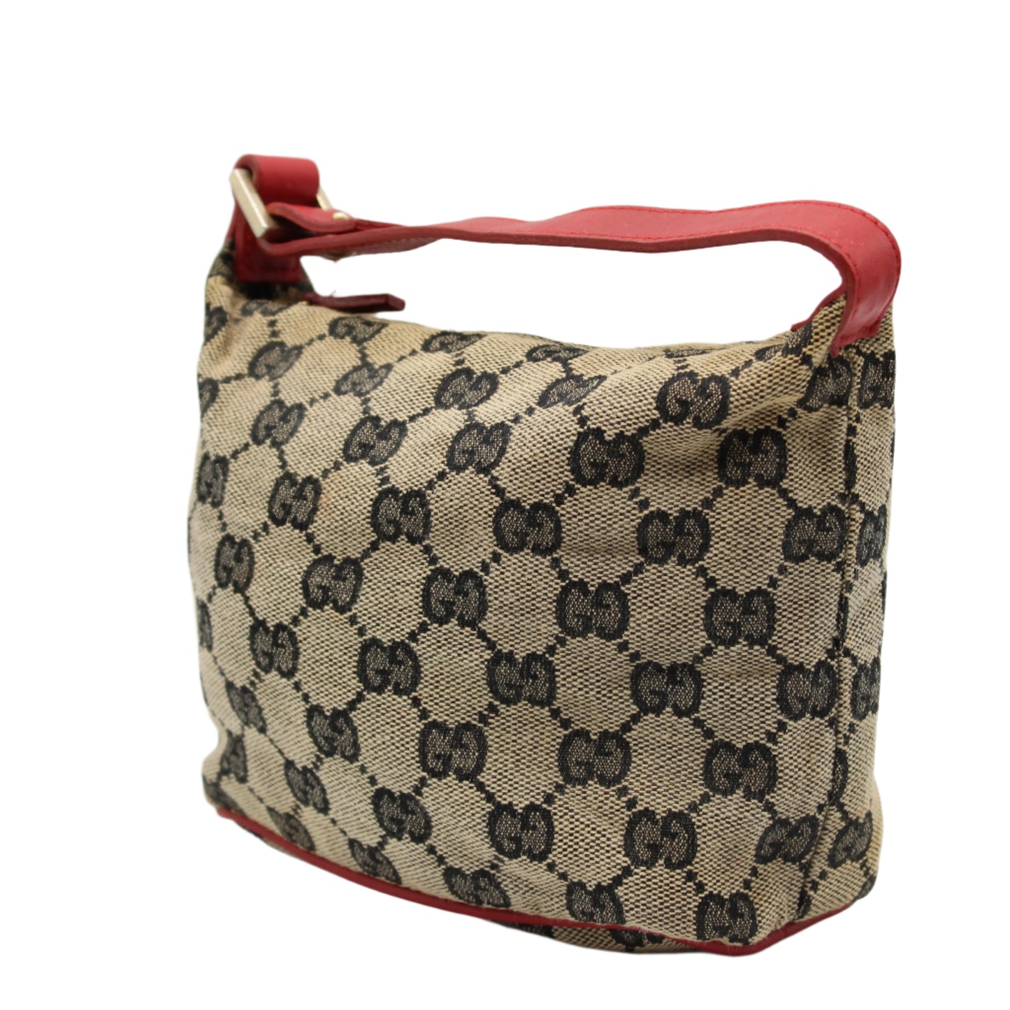 Gucci Beige GG Monogram Canvas Mini Pouch Red Leather Handle