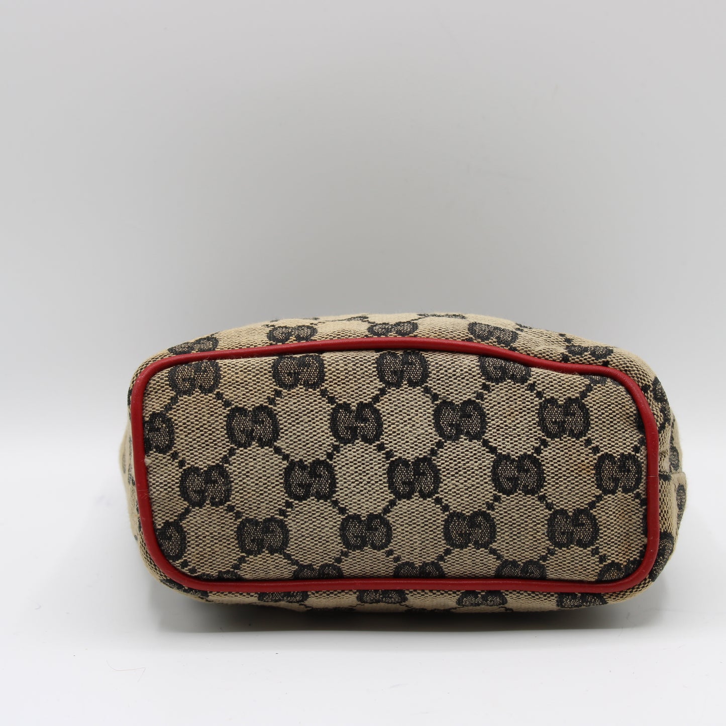 Gucci Beige GG Monogram Canvas Mini Pouch Red Leather Handle