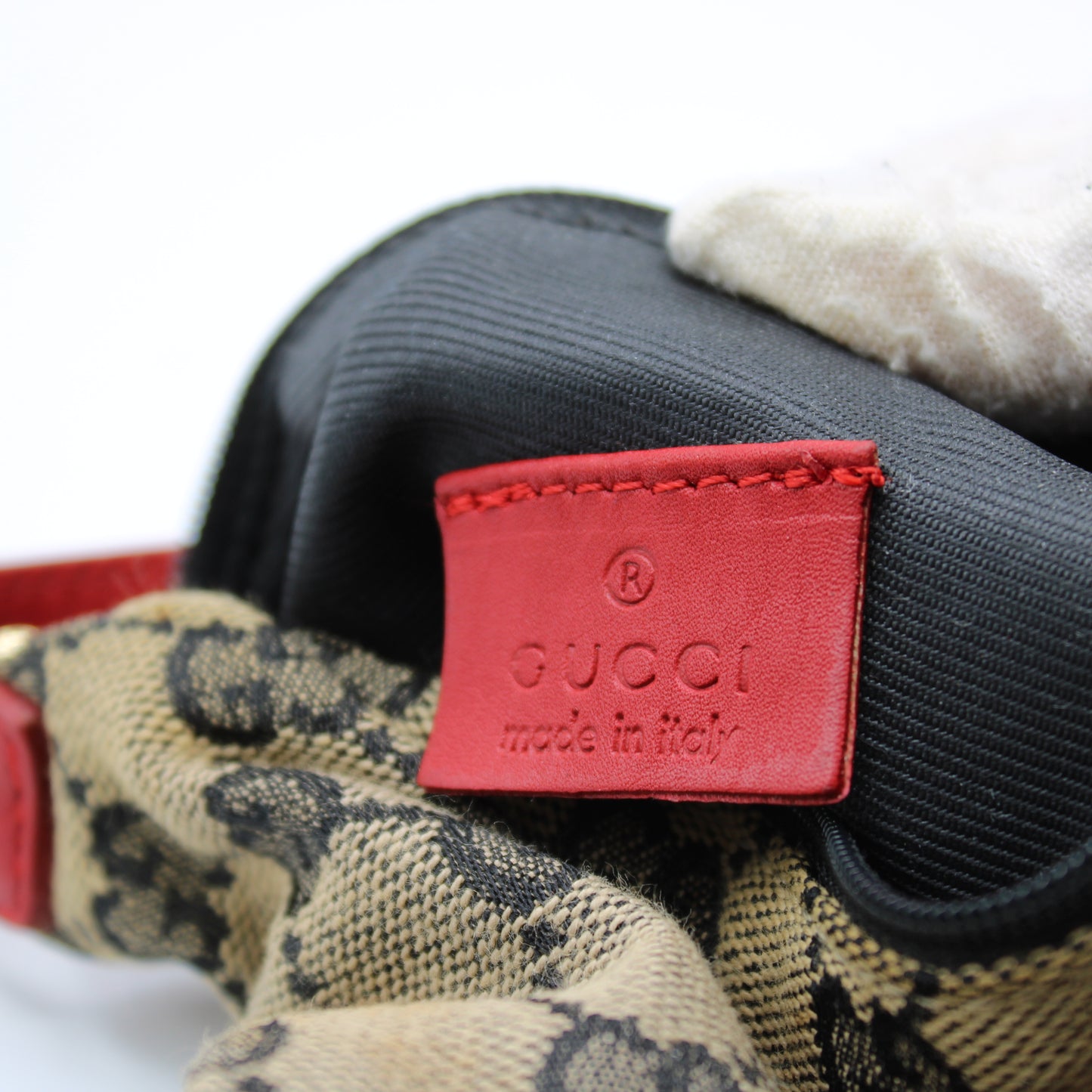 Gucci Beige GG Monogram Canvas Mini Pouch Red Leather Handle