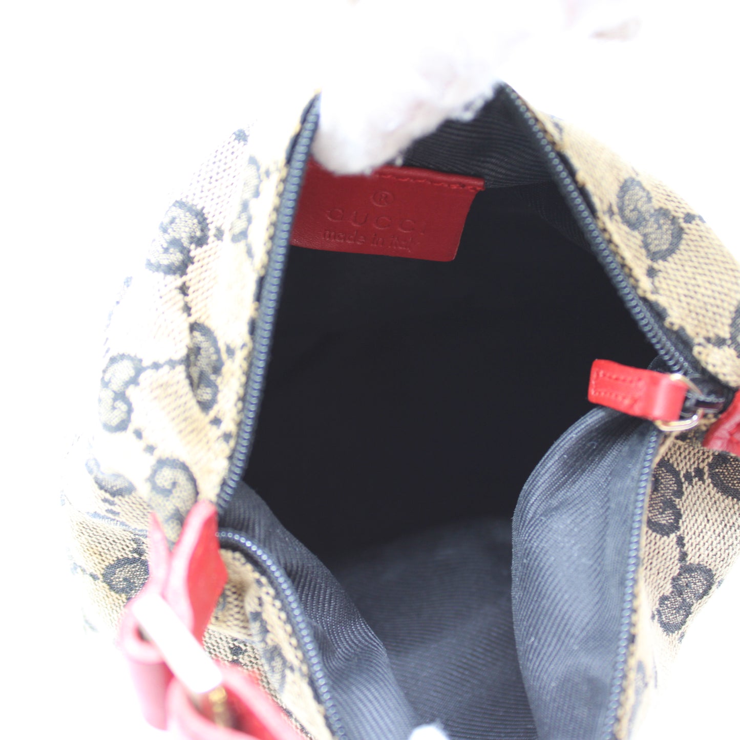 Gucci Beige GG Monogram Canvas Mini Pouch Red Leather Handle