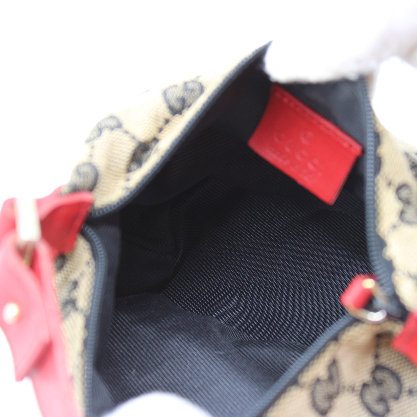 Gucci Beige GG Monogram Canvas Mini Pouch Red Leather Handle