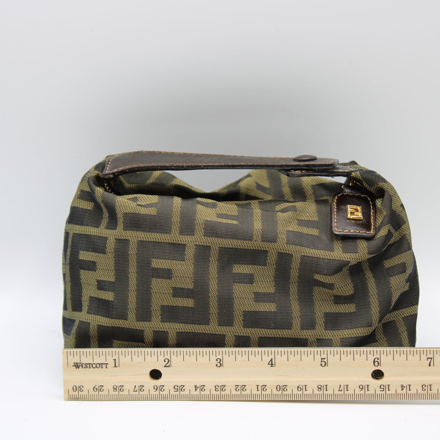 Fendi Brown Zucca Canvas Leather Strap Wristlet Pouch Bag