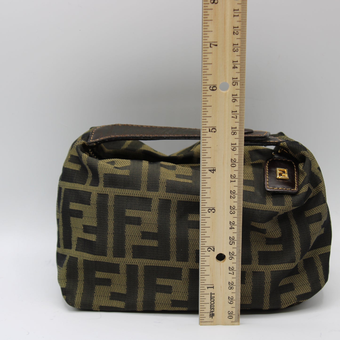 Fendi Brown Zucca Canvas Leather Strap Wristlet Pouch Bag