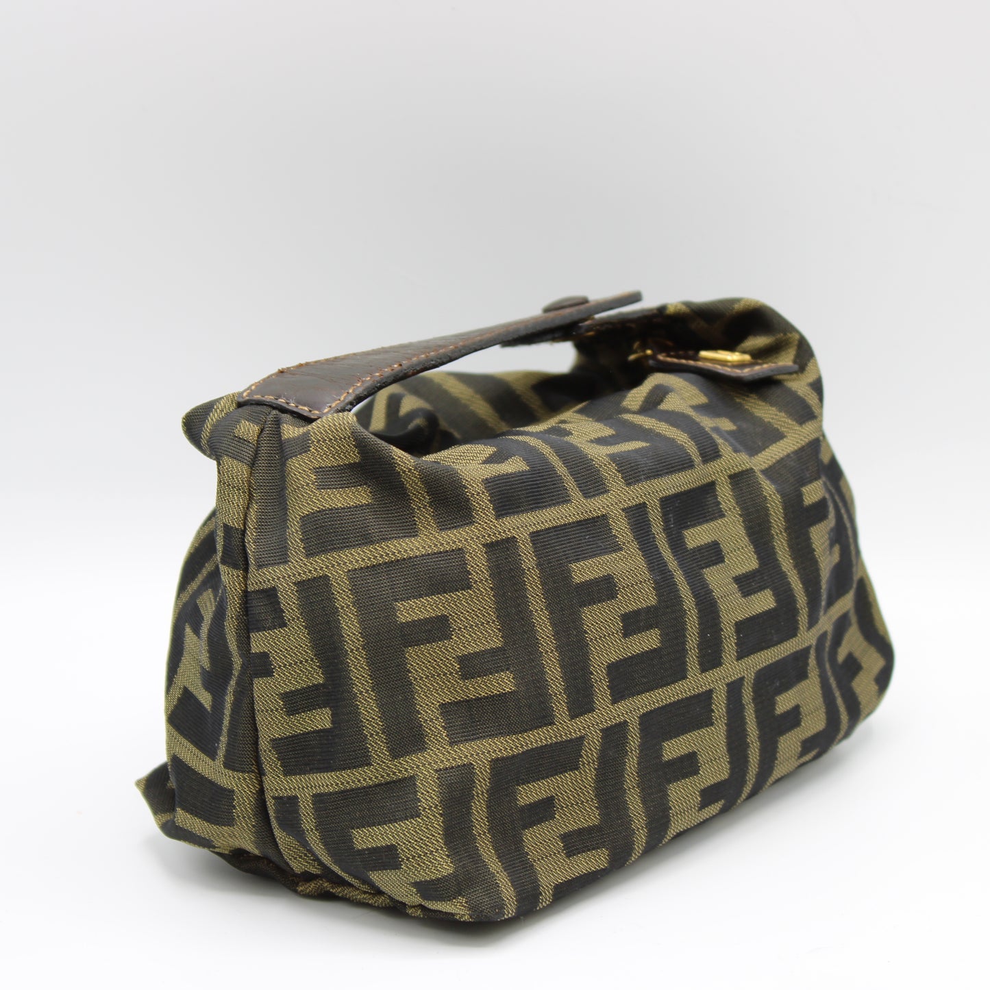 Fendi Brown Zucca Canvas Leather Strap Wristlet Pouch Bag