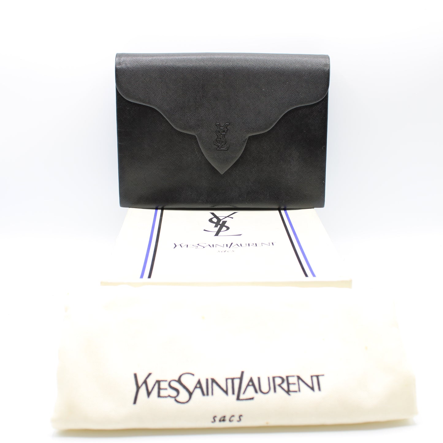 Yves Saint Laurent Black Leather Flap Clutch Box Dust Bag