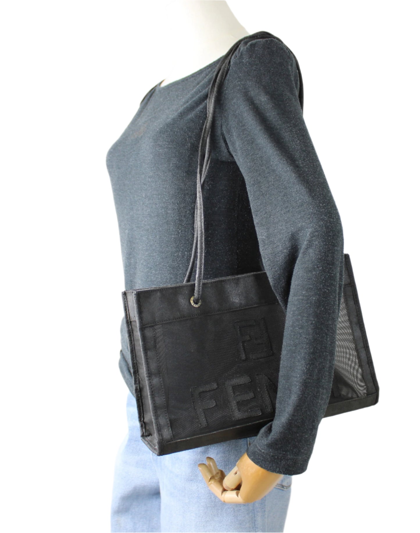 Fendi Black Mesh Canvas Tote Bag