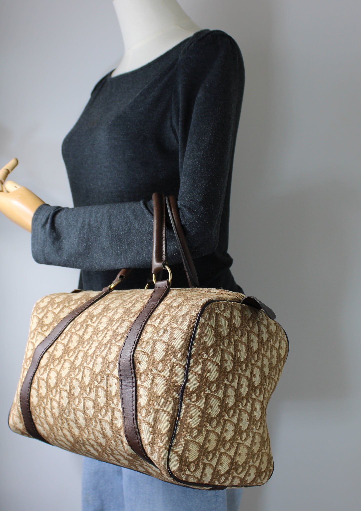 Christian Dior Brown Diorissimo Trotter Boston Bag Canvas on Leather