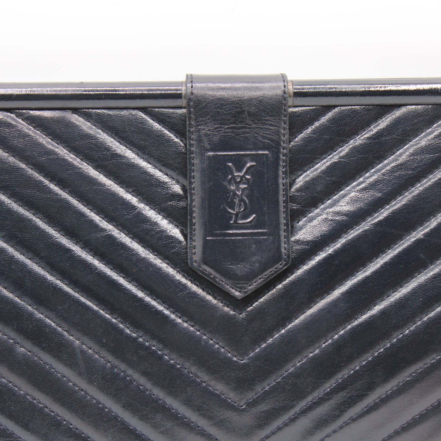Yves Saint Laurent Chevron Quilted Navy Leather Flap Clutch Bag
