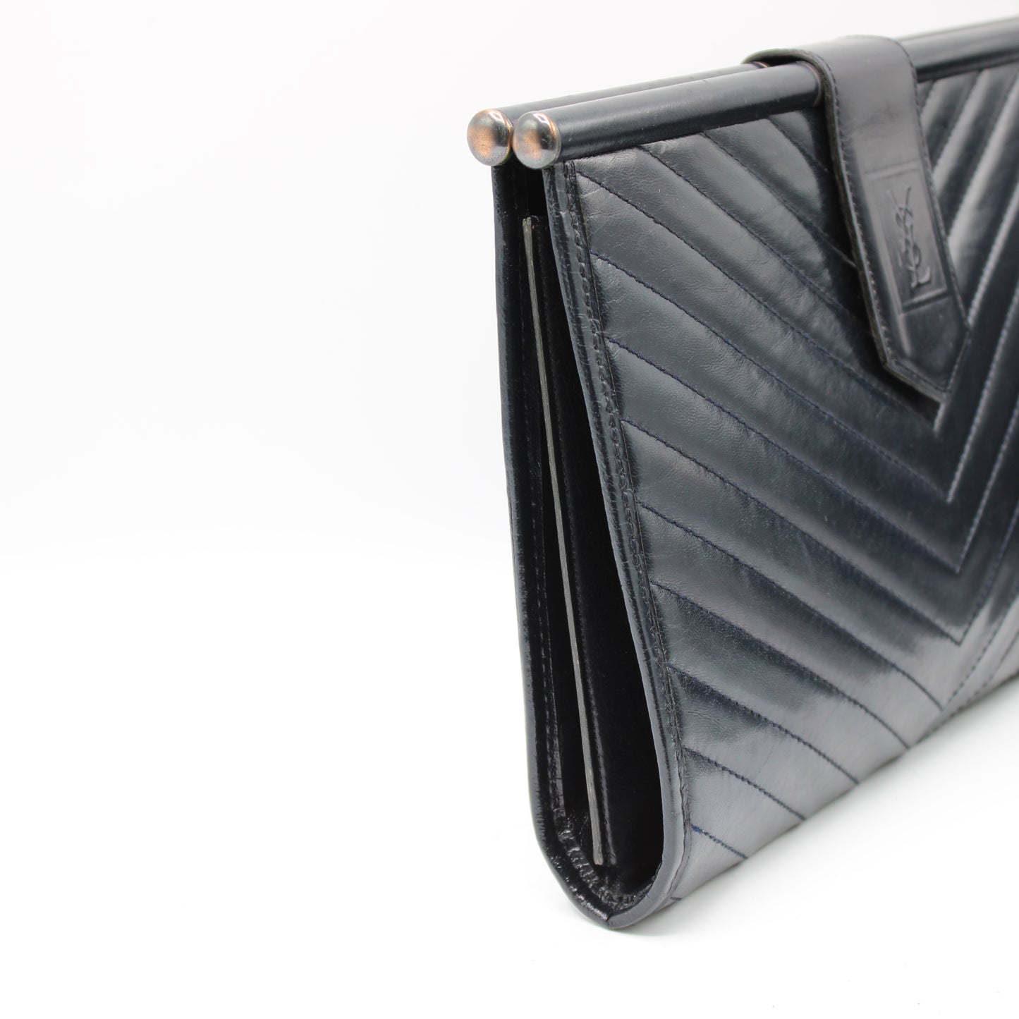 Yves Saint Laurent Chevron Quilted Navy Leather Flap Clutch Bag