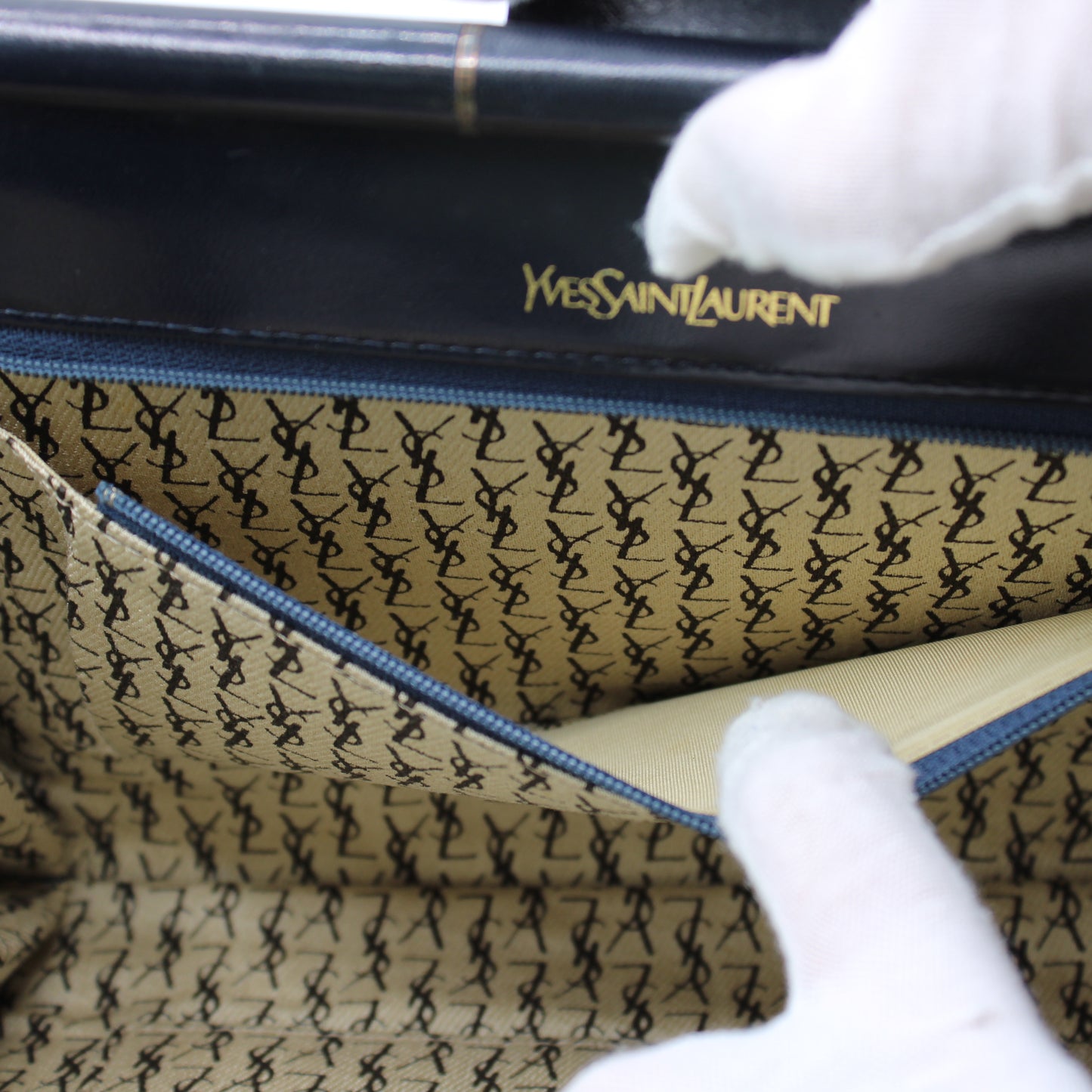 Yves Saint Laurent Chevron Quilted Navy Leather Flap Clutch Bag