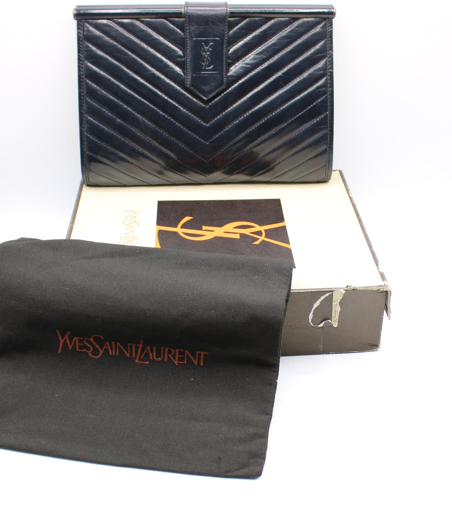 Yves Saint Laurent Chevron Quilted Navy Leather Flap Clutch Bag