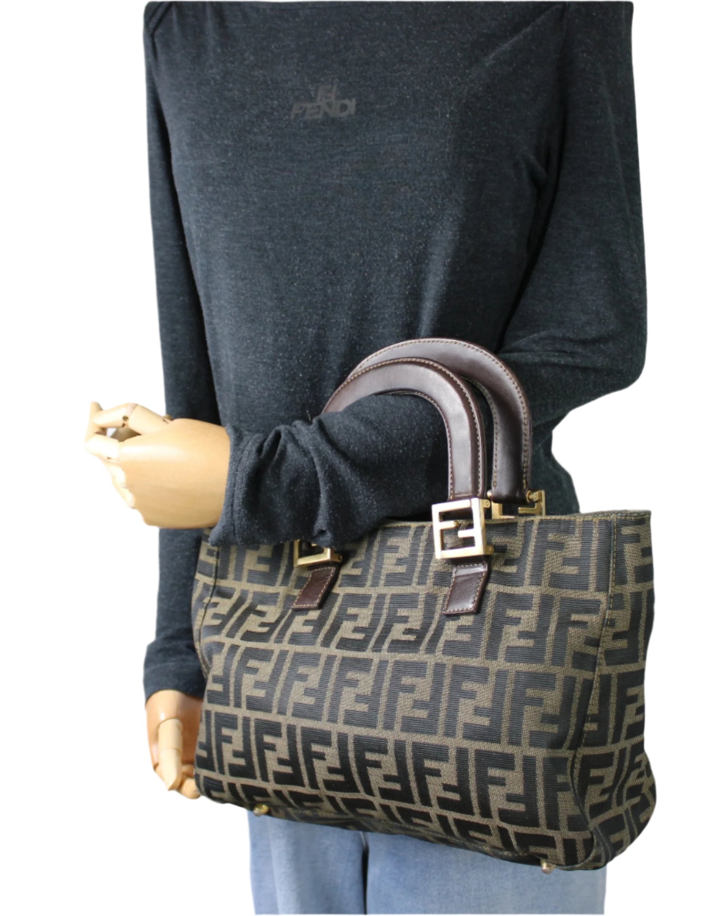 Fendi Brown Zucca Canvas Leather Handles Handbag Luxury Tote