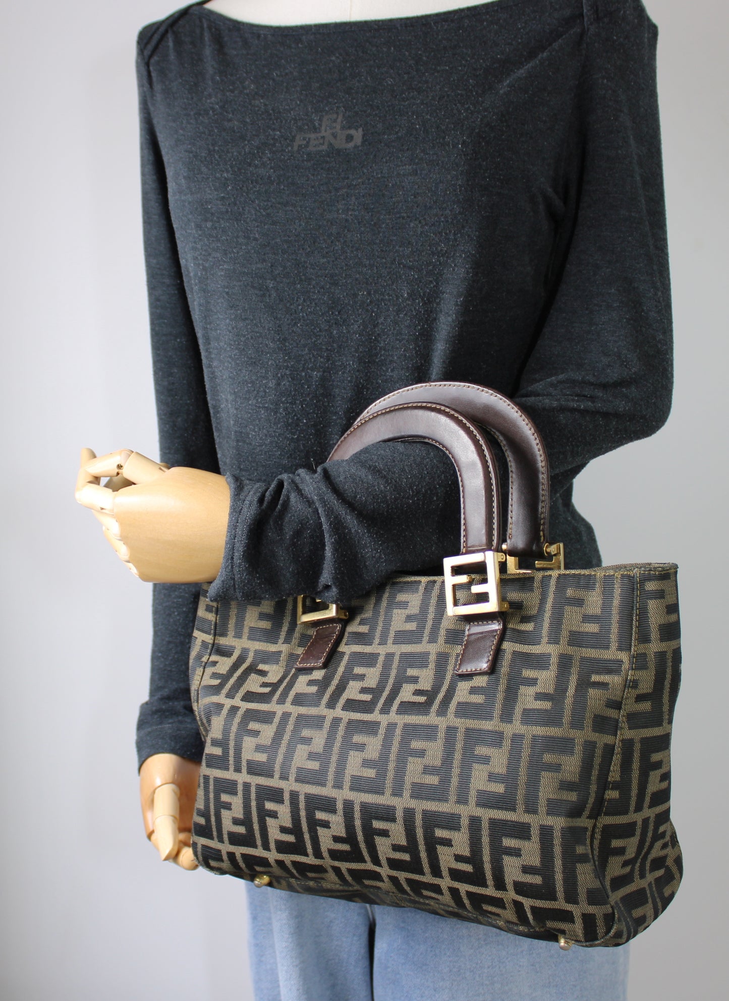 Fendi Brown Zucca Canvas Leather Handles Handbag Luxury Tote