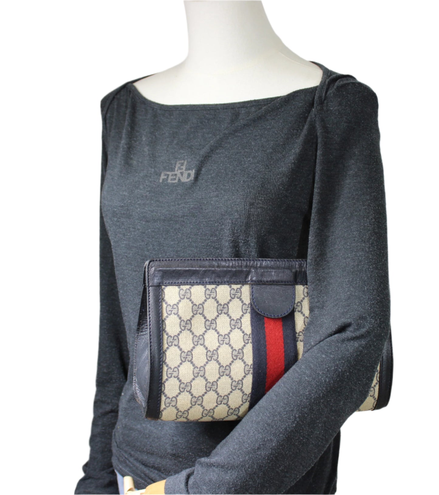 Gucci Beige GG Canvas and Navy Leather Web Stripe Vintage Clutch