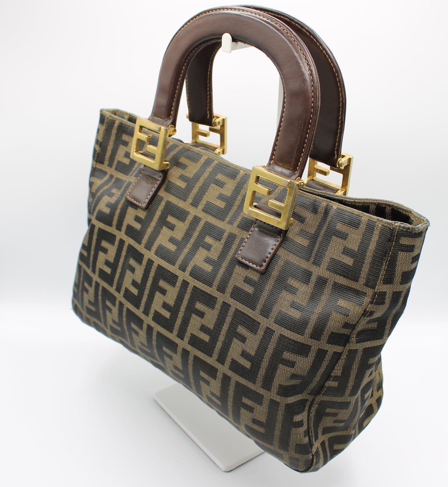 Fendi Brown Zucca Canvas Leather Handles Handbag Luxury Tote