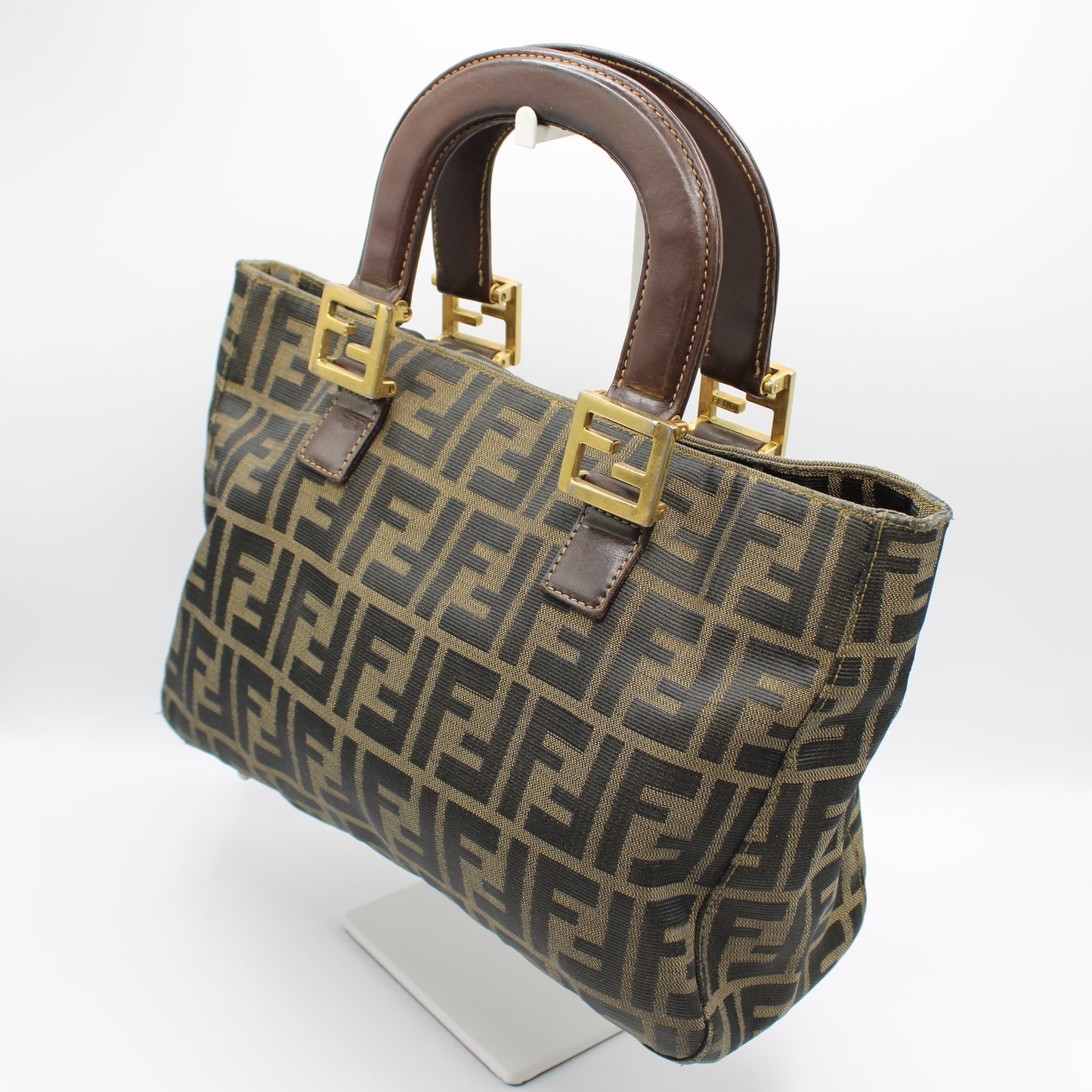 Fendi Brown Zucca Canvas Leather Handles Handbag Luxury Tote