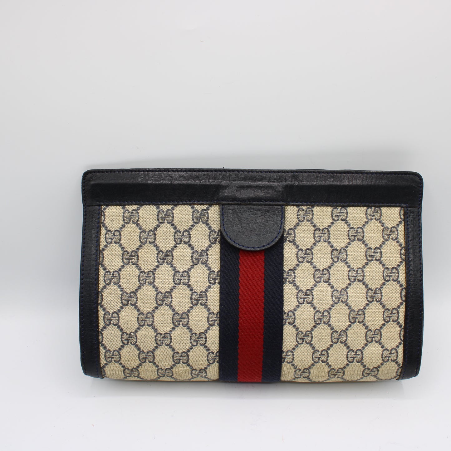 Gucci Beige GG Canvas and Navy Leather Web Stripe Vintage Clutch