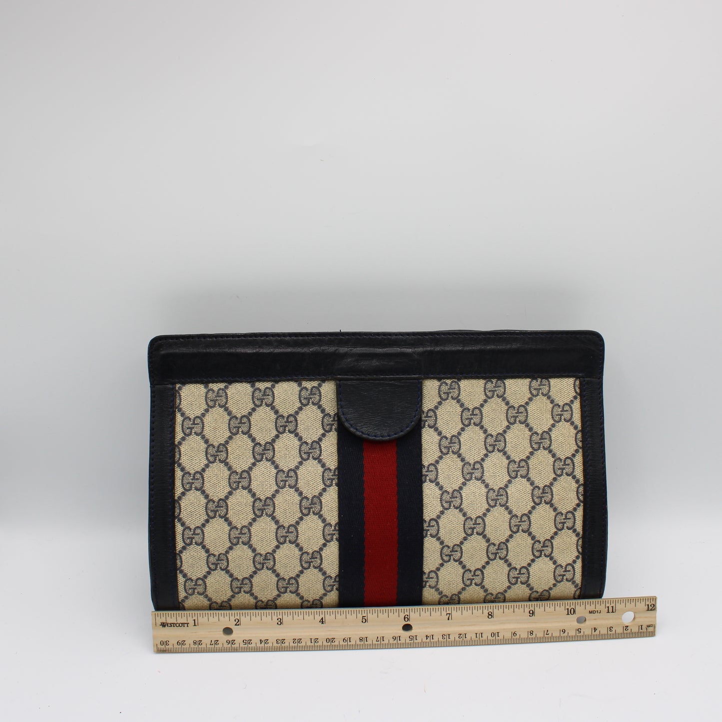 Gucci Beige GG Canvas and Navy Leather Web Stripe Vintage Clutch