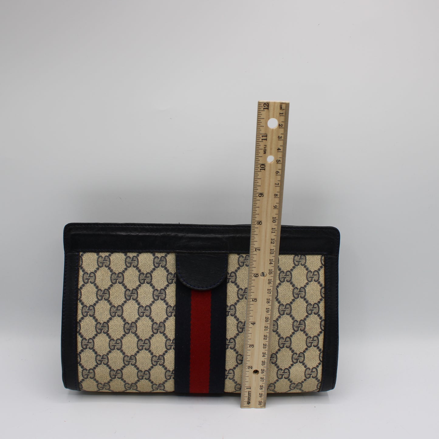 Gucci Beige GG Canvas and Navy Leather Web Stripe Vintage Clutch
