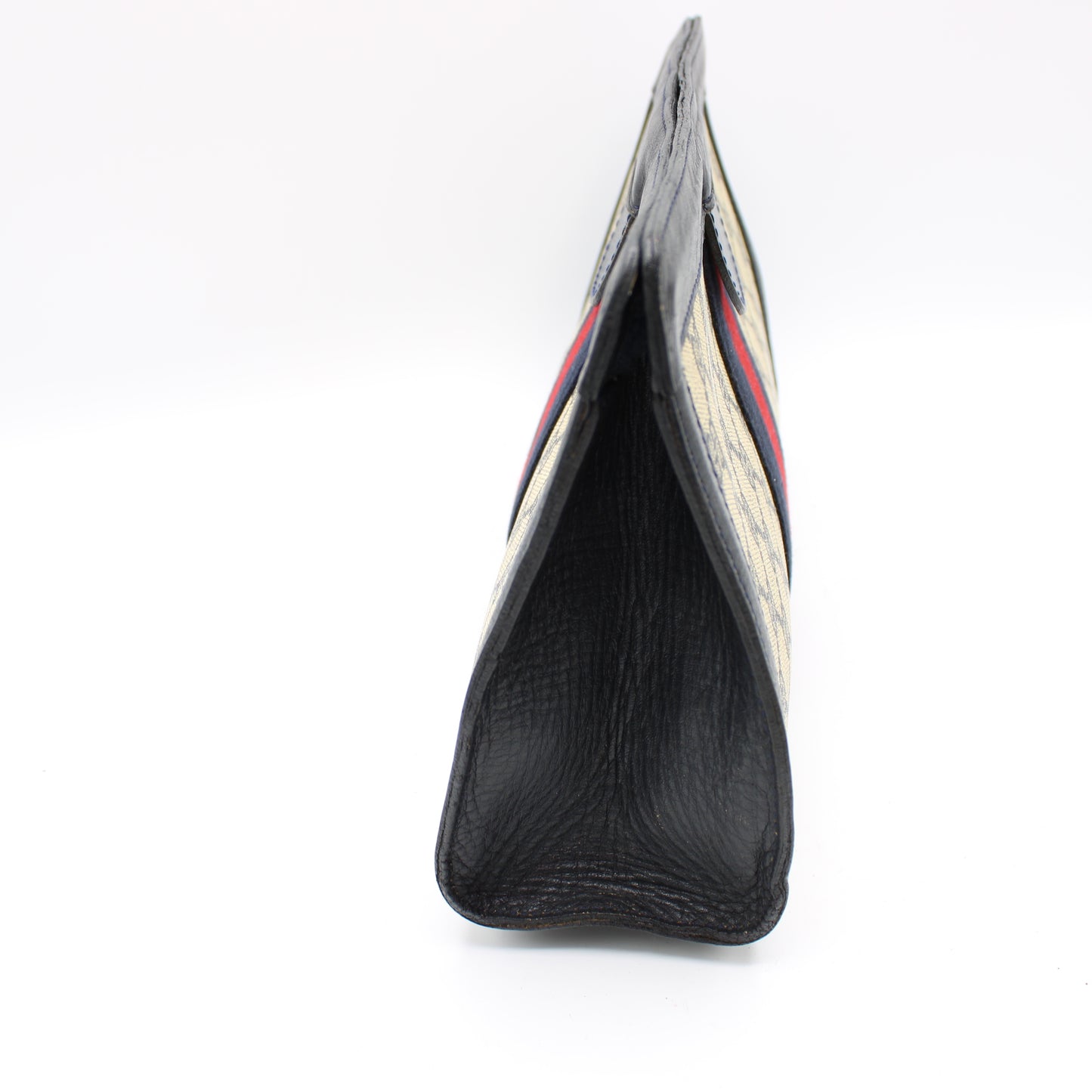 Gucci Beige GG Canvas and Navy Leather Web Stripe Vintage Clutch