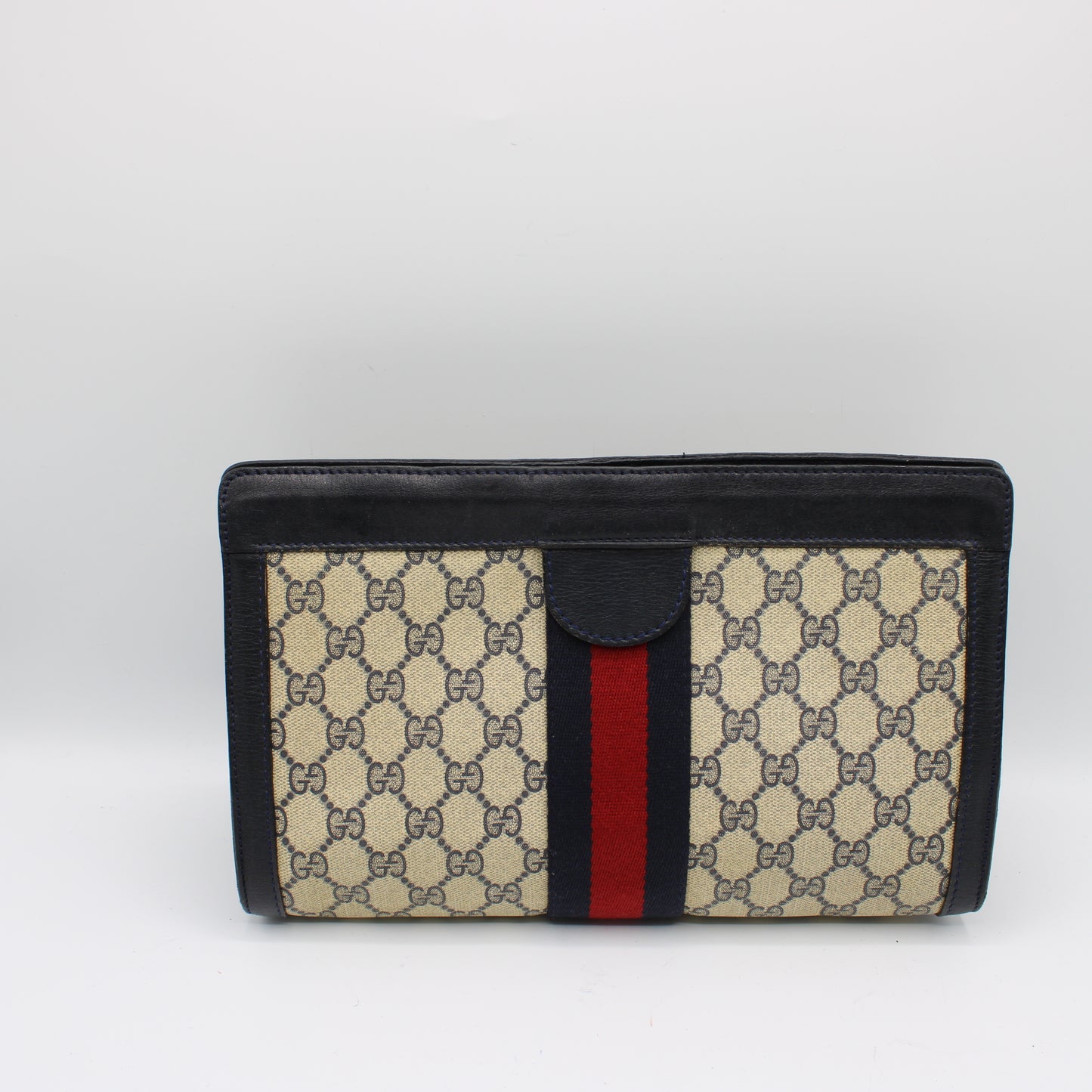 Gucci Beige GG Canvas and Navy Leather Web Stripe Vintage Clutch