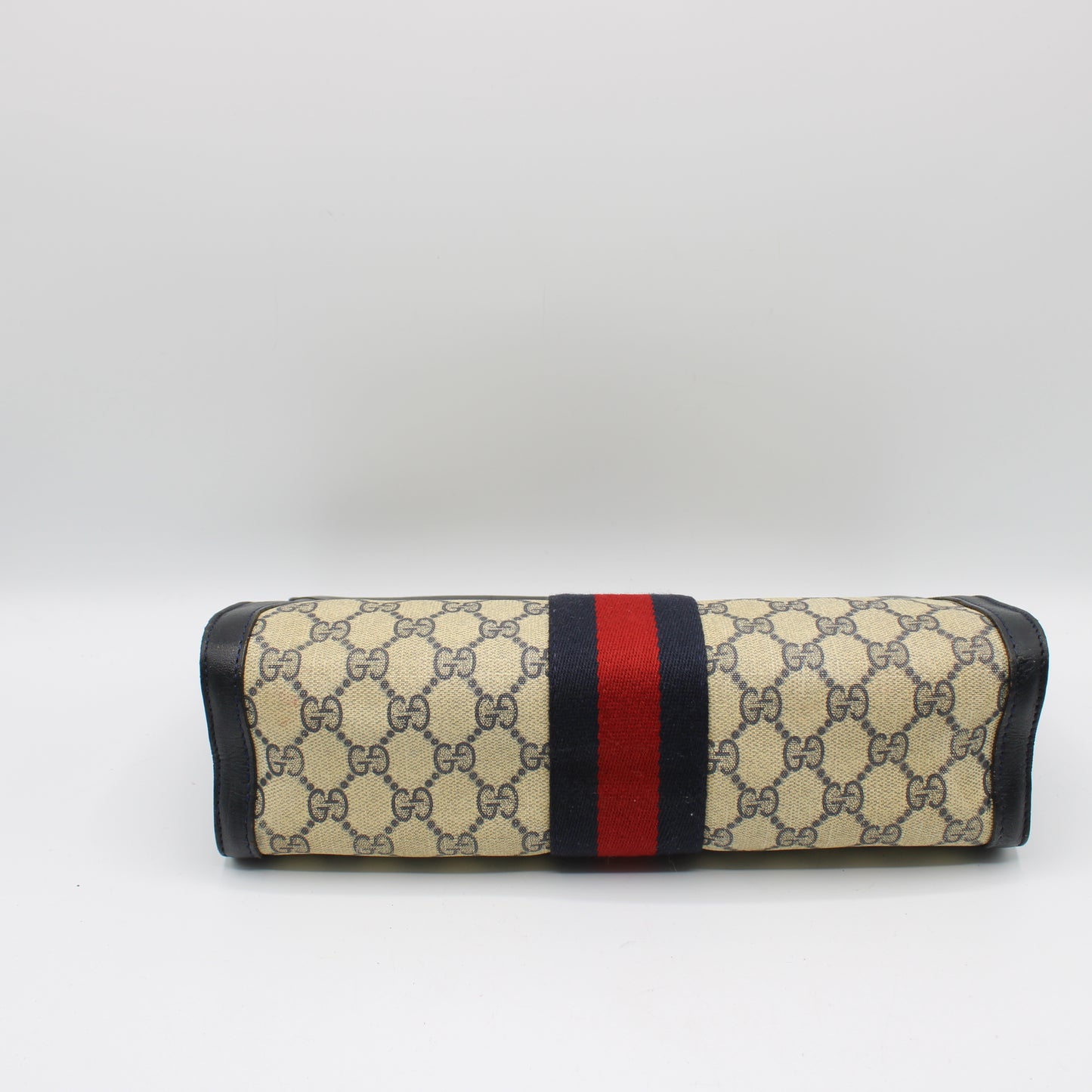 Gucci Beige GG Canvas and Navy Leather Web Stripe Vintage Clutch