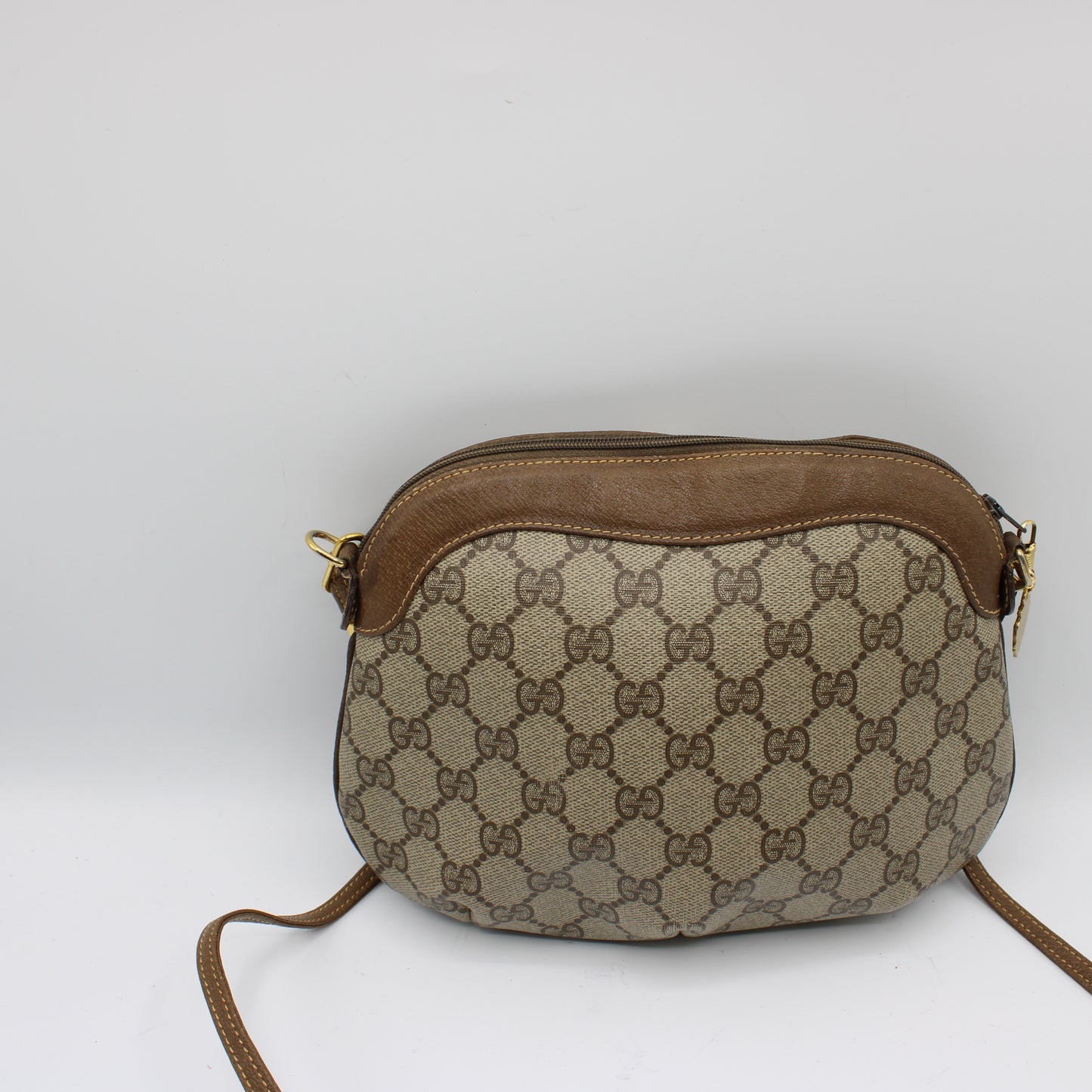 Gucci GG Canvas Brown Leather Marmot Crossbody Zip-Top Shoulder Bag