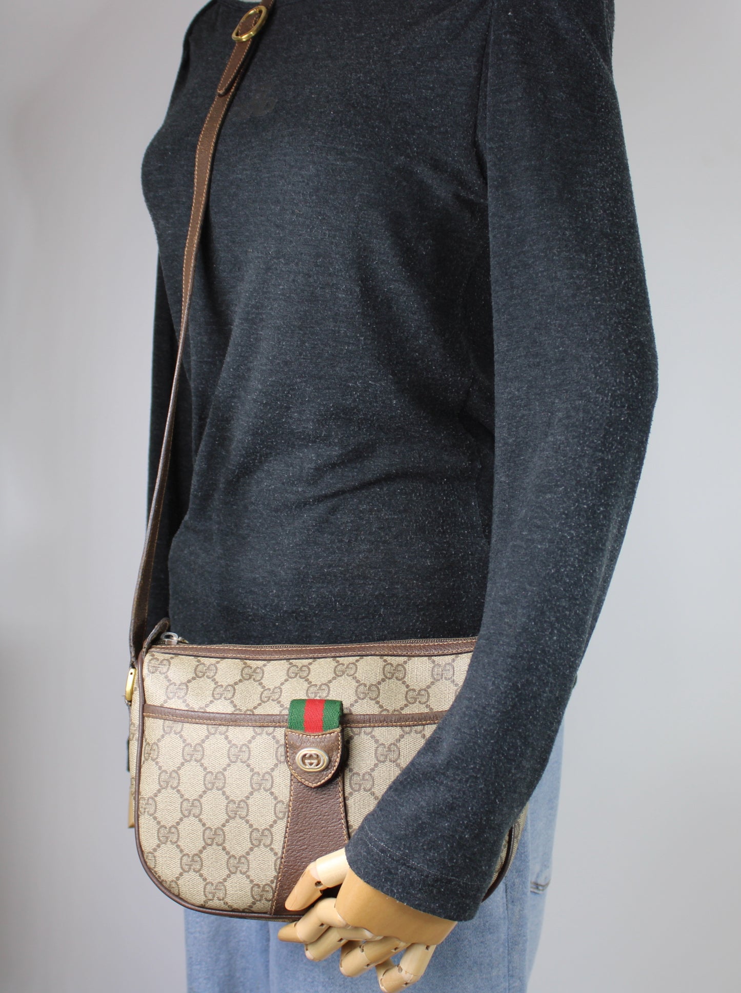 Gucci Beige Brown GG Supreme Ophidia Crossbody Bag Leather Trim