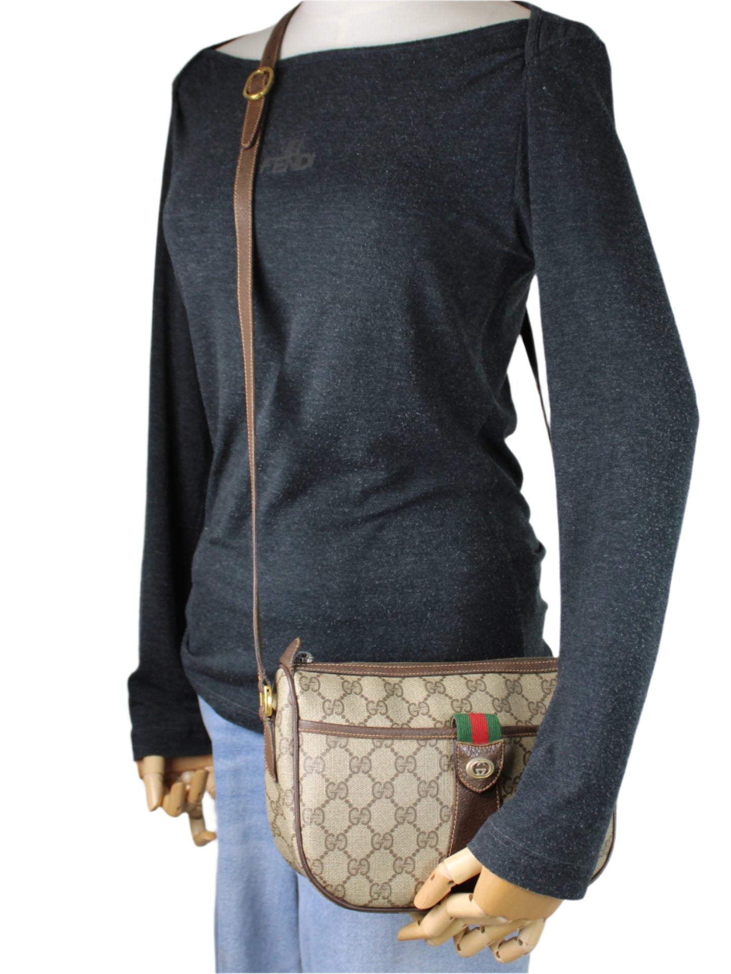 Gucci Beige Brown GG Supreme Ophidia Crossbody Bag Leather Trim